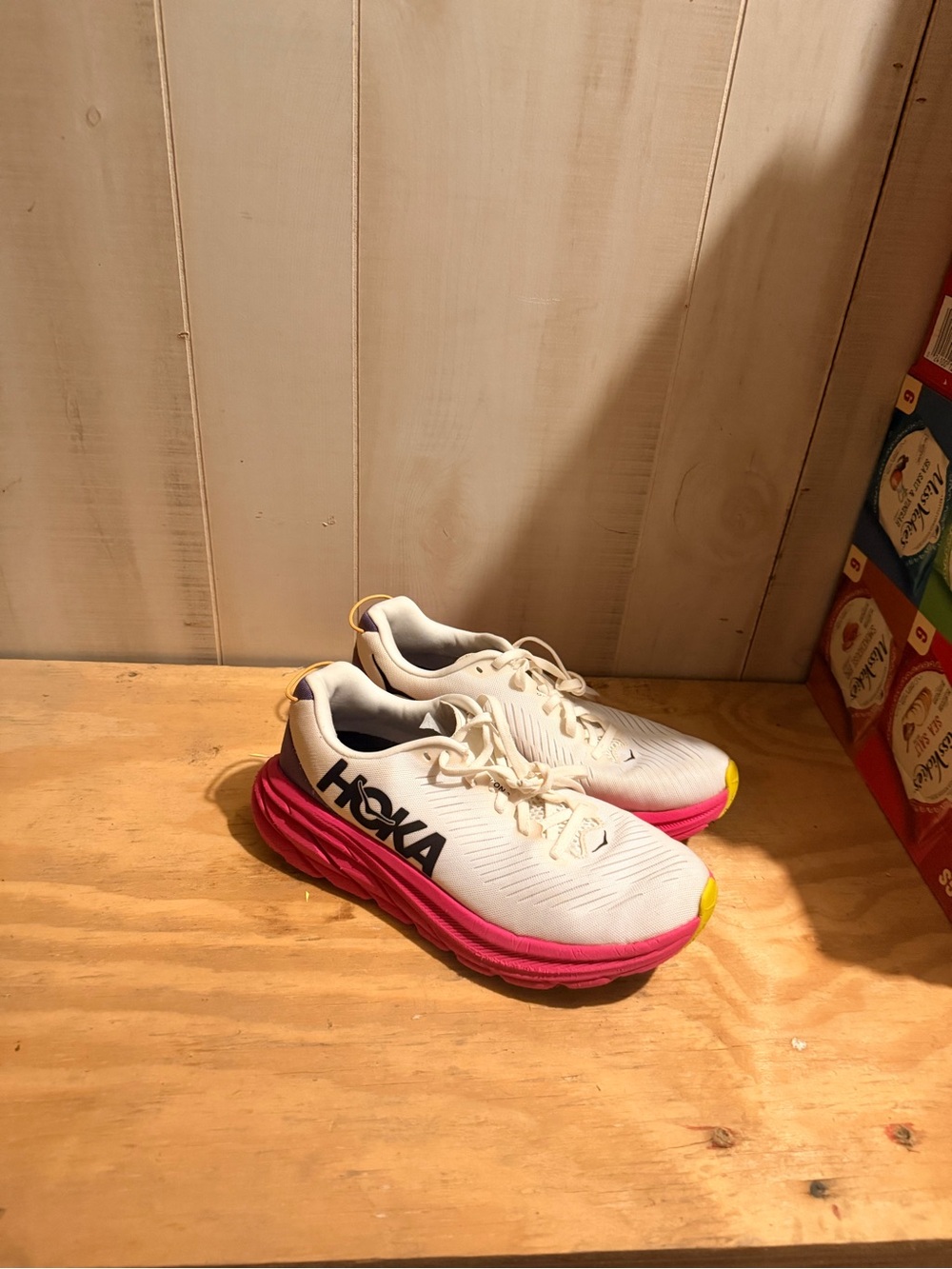 Hoka Kids White Pink Yellow Running Sneakers